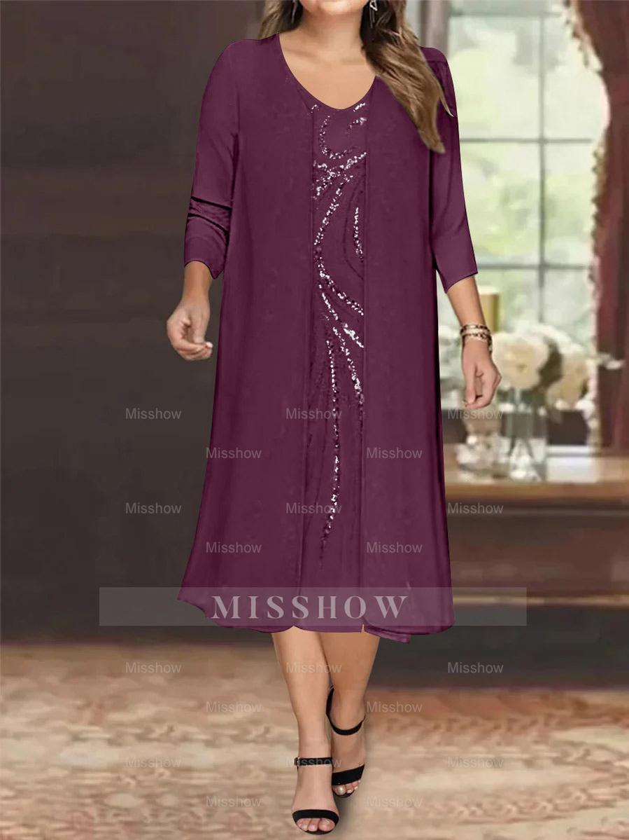 V-Neck Long-Sleeve Tea-Length Plus Size Mother of the Bride Dress with Jacket and Sequins