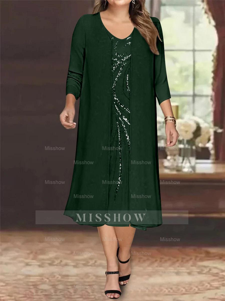 V-Neck Long-Sleeve Tea-Length Plus Size Mother of the Bride Dress with Jacket and Sequins