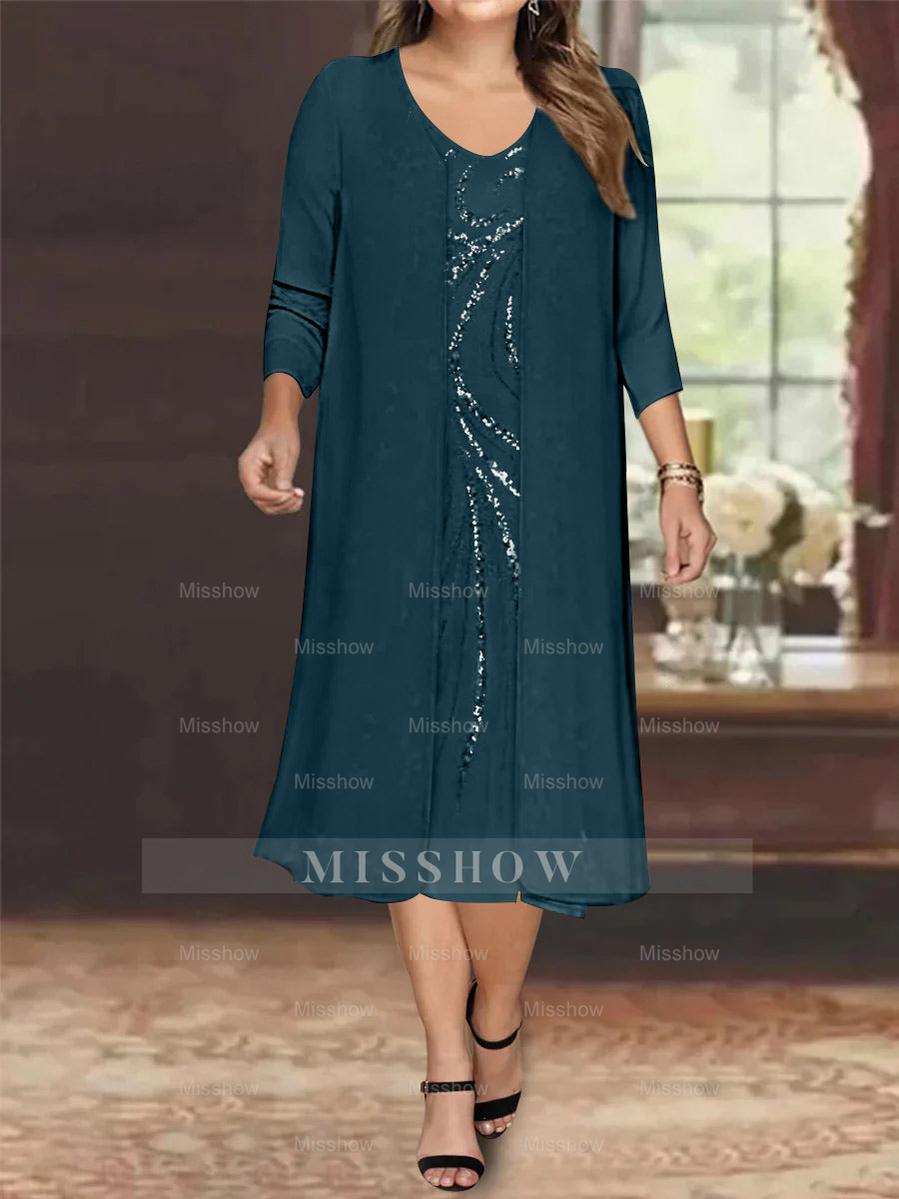 V-Neck Long-Sleeve Tea-Length Plus Size Mother of the Bride Dress with Jacket and Sequins