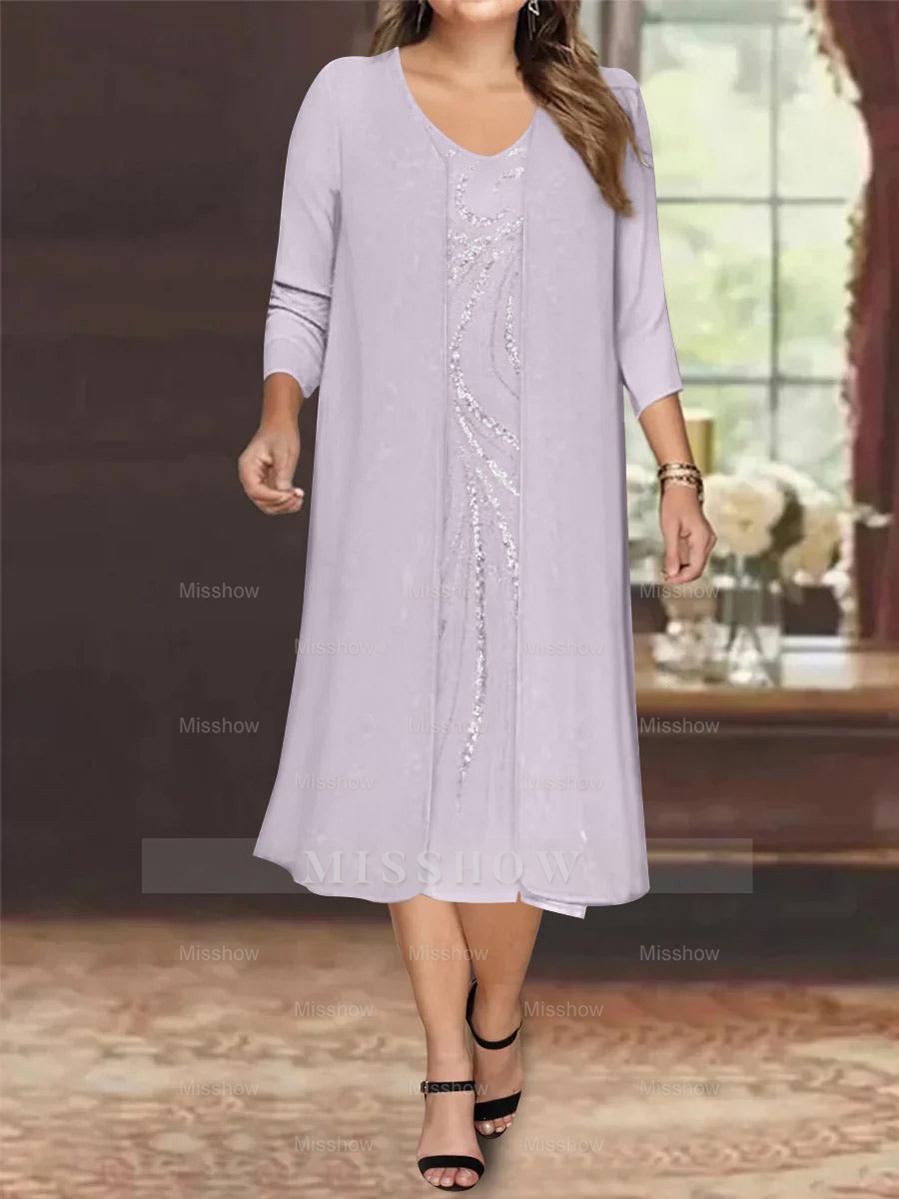 V-Neck Long-Sleeve Tea-Length Plus Size Mother of the Bride Dress with Jacket and Sequins