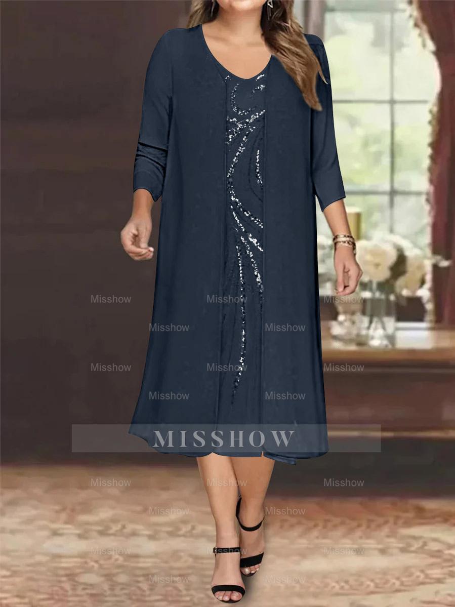 V-Neck Long-Sleeve Tea-Length Plus Size Mother of the Bride Dress with Jacket and Sequins