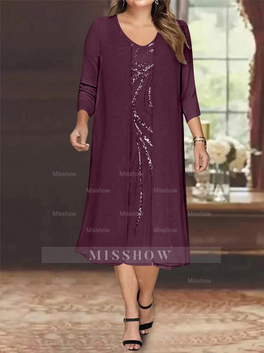 V-Neck Long-Sleeve Tea-Length Plus Size Mother of the Bride Dress with Jacket and Sequins