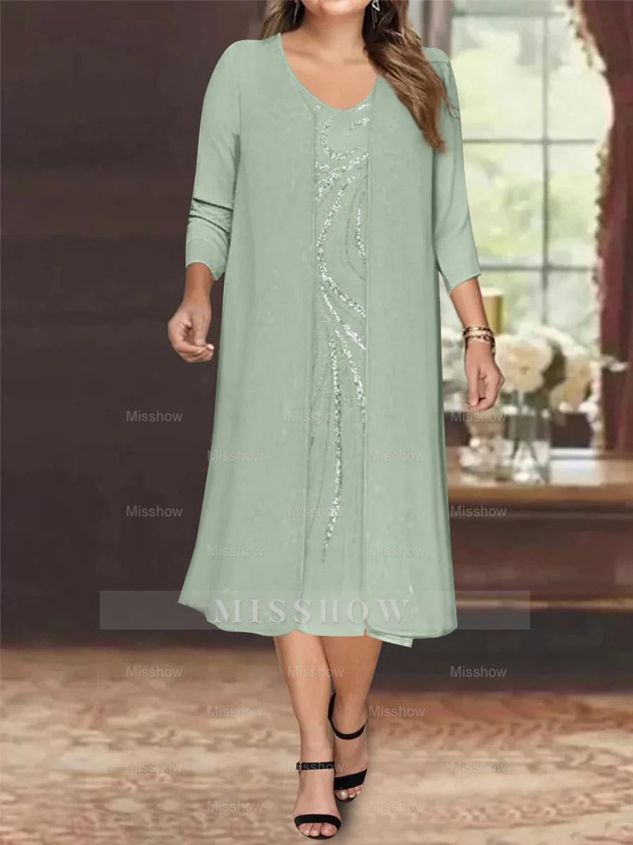 V-Neck Long-Sleeve Tea-Length Plus Size Mother of the Bride Dress with Jacket and Sequins