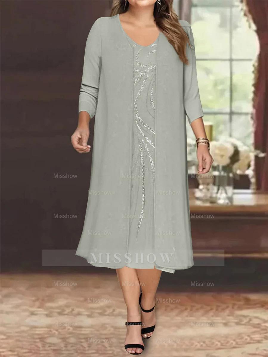 V-Neck Long-Sleeve Tea-Length Plus Size Mother of the Bride Dress with Jacket and Sequins