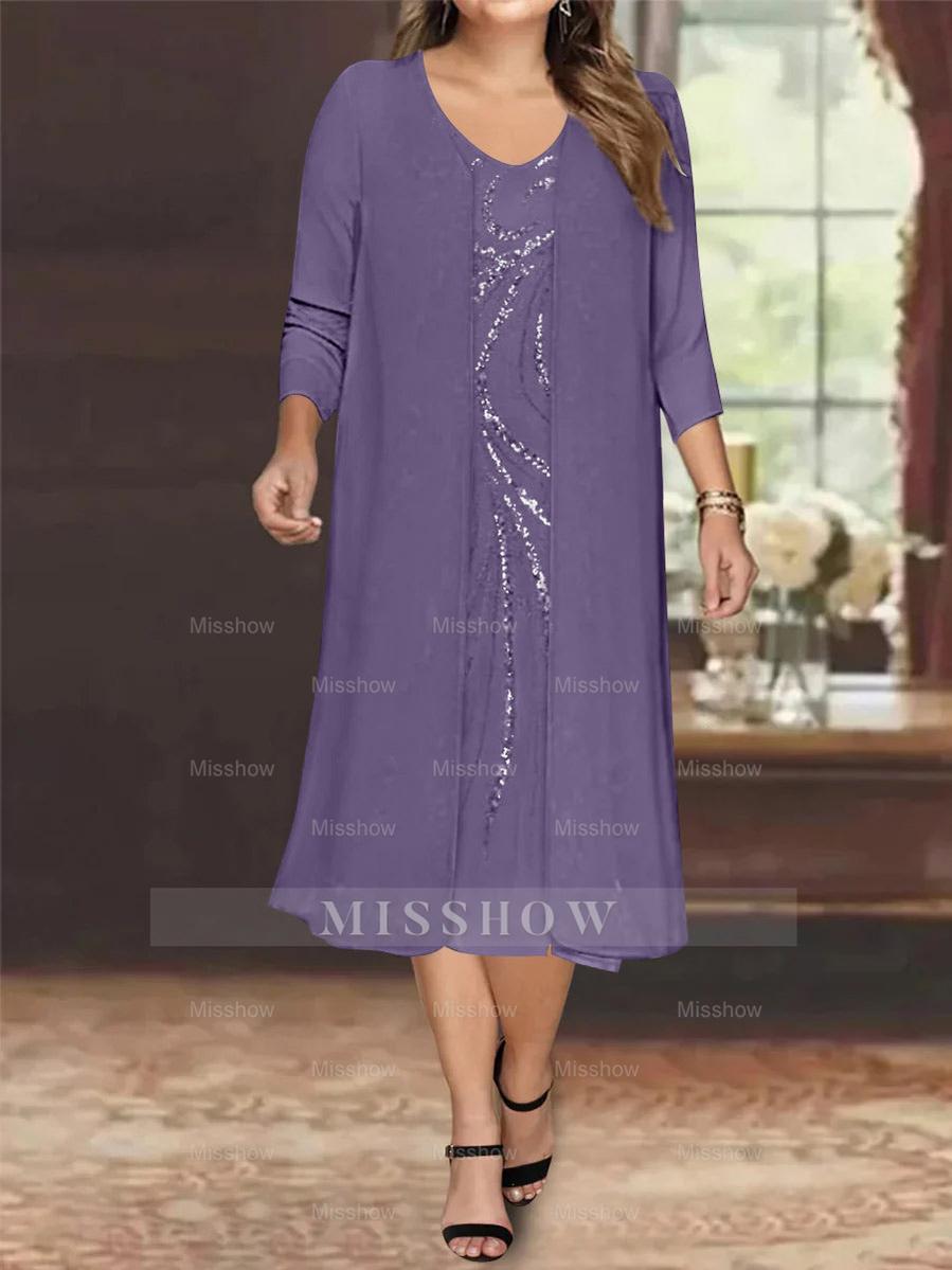 V-Neck Long-Sleeve Tea-Length Plus Size Mother of the Bride Dress with Jacket and Sequins