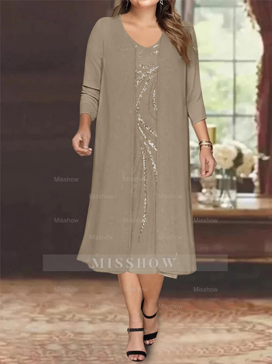 V-Neck Long-Sleeve Tea-Length Plus Size Mother of the Bride Dress with Jacket and Sequins