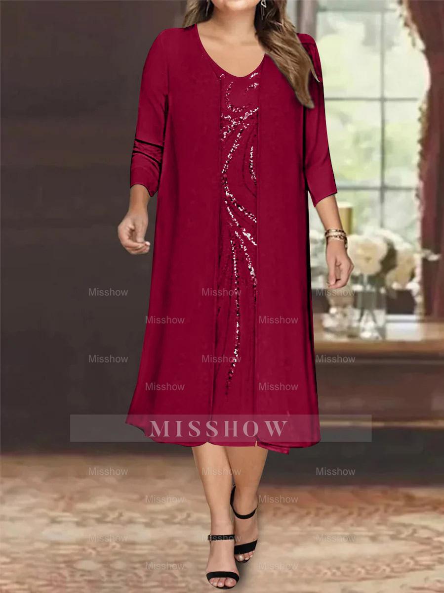 V-Neck Long-Sleeve Tea-Length Plus Size Mother of the Bride Dress with Jacket and Sequins