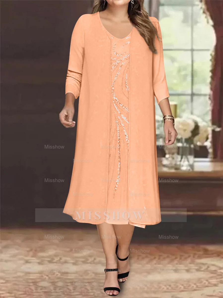 V-Neck Long-Sleeve Tea-Length Plus Size Mother of the Bride Dress with Jacket and Sequins