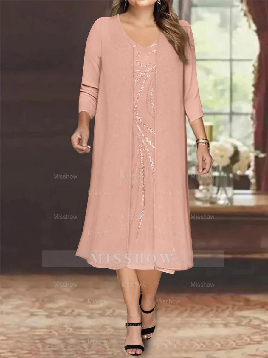 V-Neck Long-Sleeve Tea-Length Plus Size Mother of the Bride Dress with Jacket and Sequins