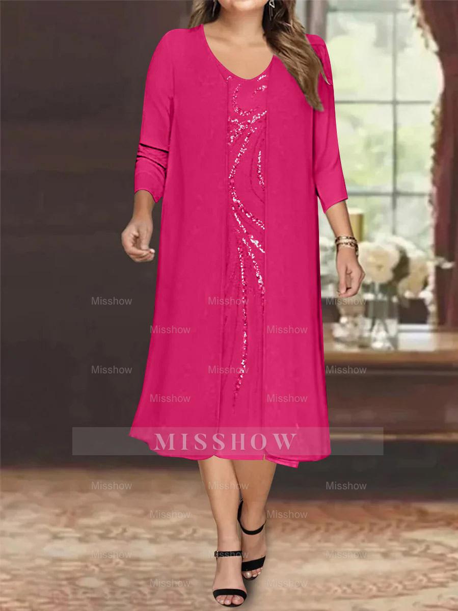 V-Neck Long-Sleeve Tea-Length Plus Size Mother of the Bride Dress with Jacket and Sequins