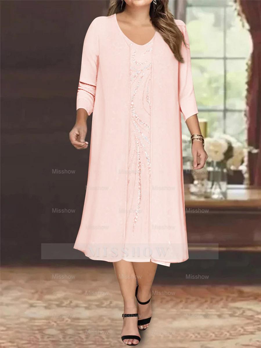 V-Neck Long-Sleeve Tea-Length Plus Size Mother of the Bride Dress with Jacket and Sequins