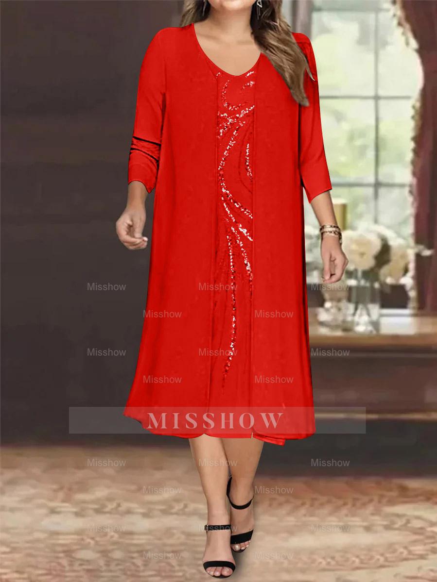 V-Neck Long-Sleeve Tea-Length Plus Size Mother of the Bride Dress with Jacket and Sequins