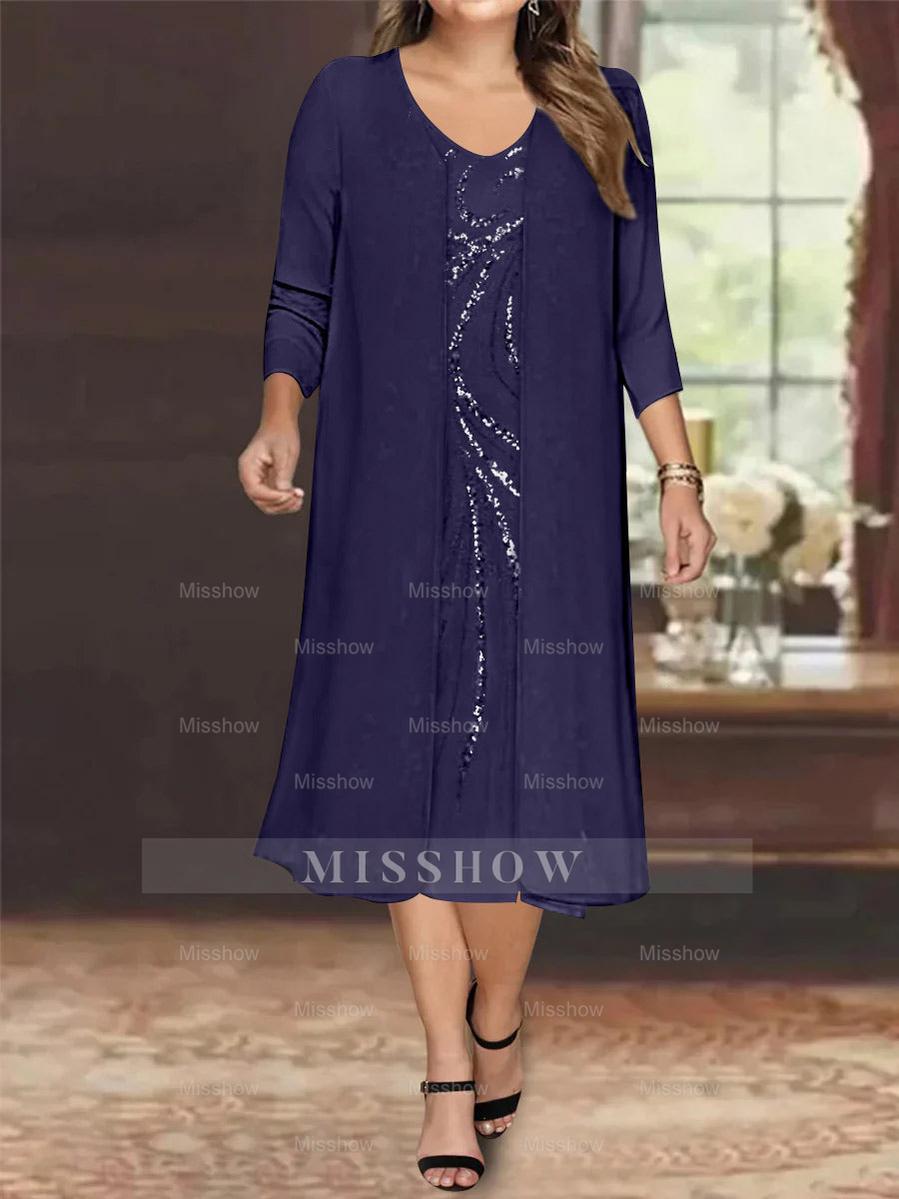 V-Neck Long-Sleeve Tea-Length Plus Size Mother of the Bride Dress with Jacket and Sequins