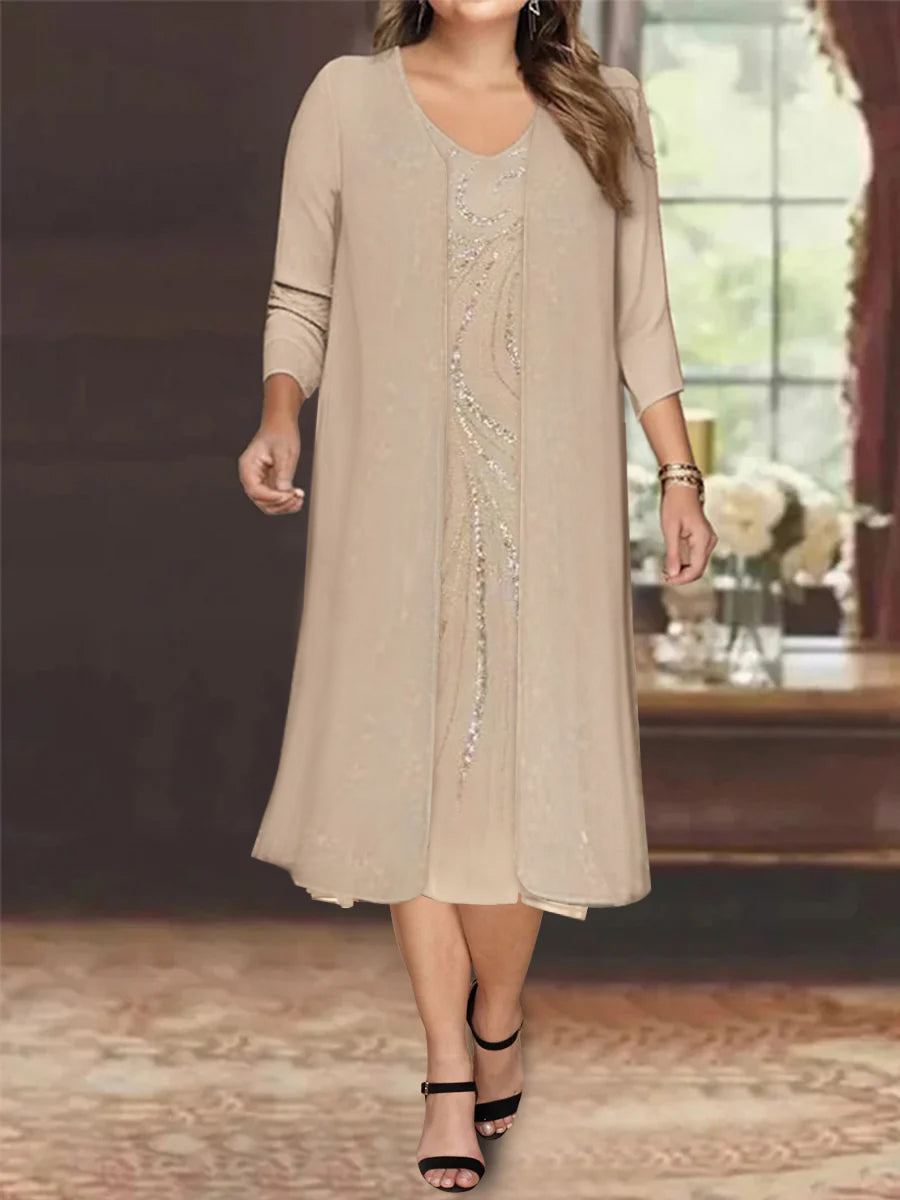 V-Neck Long-Sleeve Tea-Length Plus Size Mother of the Bride Dress with Jacket and Sequins