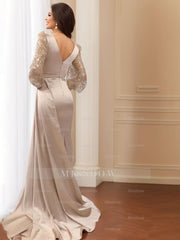 V-Neck Long Sleeve Trumpet/Mermaid Mother of the Bride Dress with Side Split and Ruched Detail
