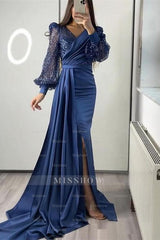 V Neck Long Sleeves Sequins Mermaid Split Formal Dress With Ruffles
