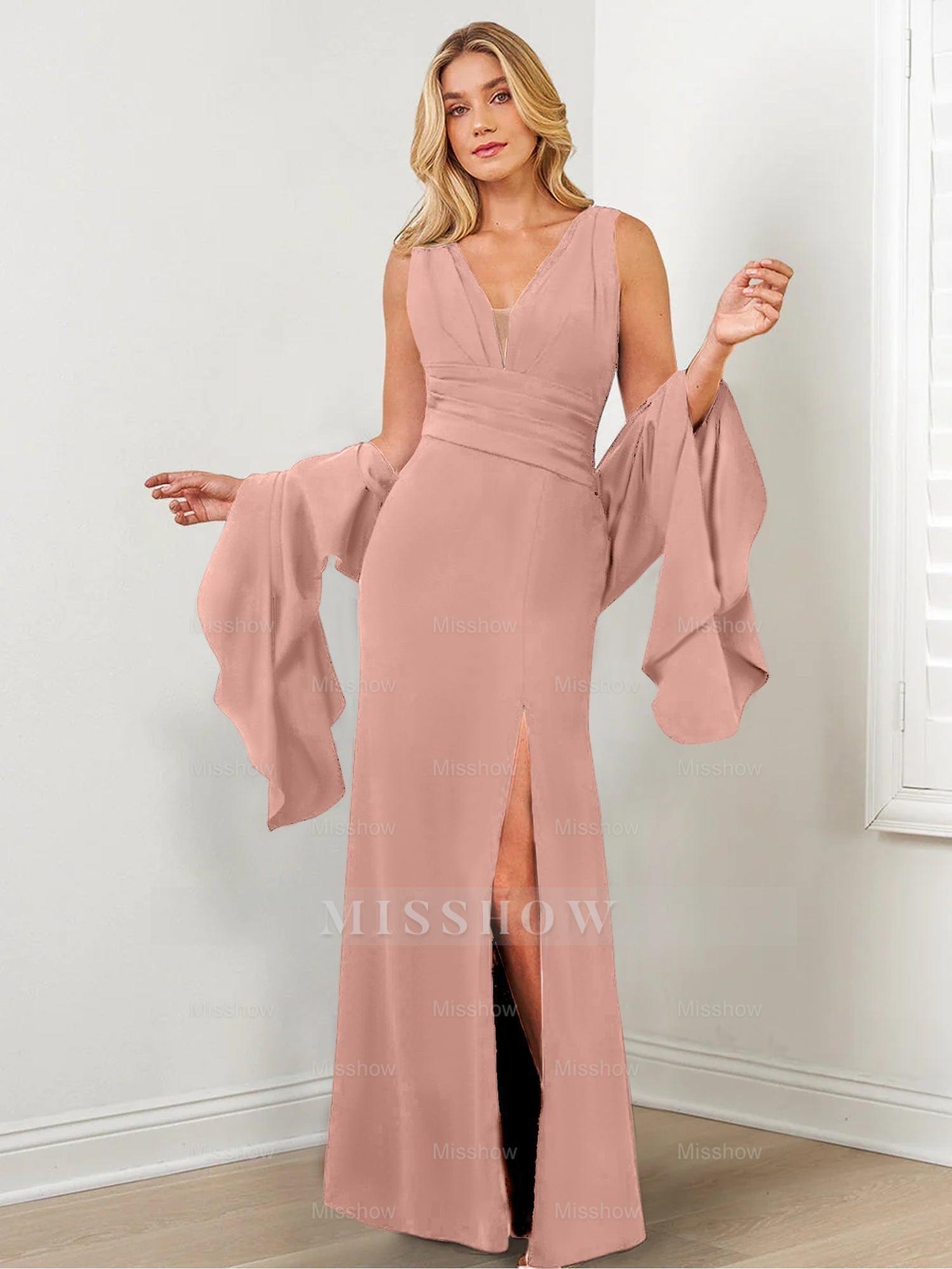 V-Neck Mother of the Bride Column Dresses with Side Split & Wraps