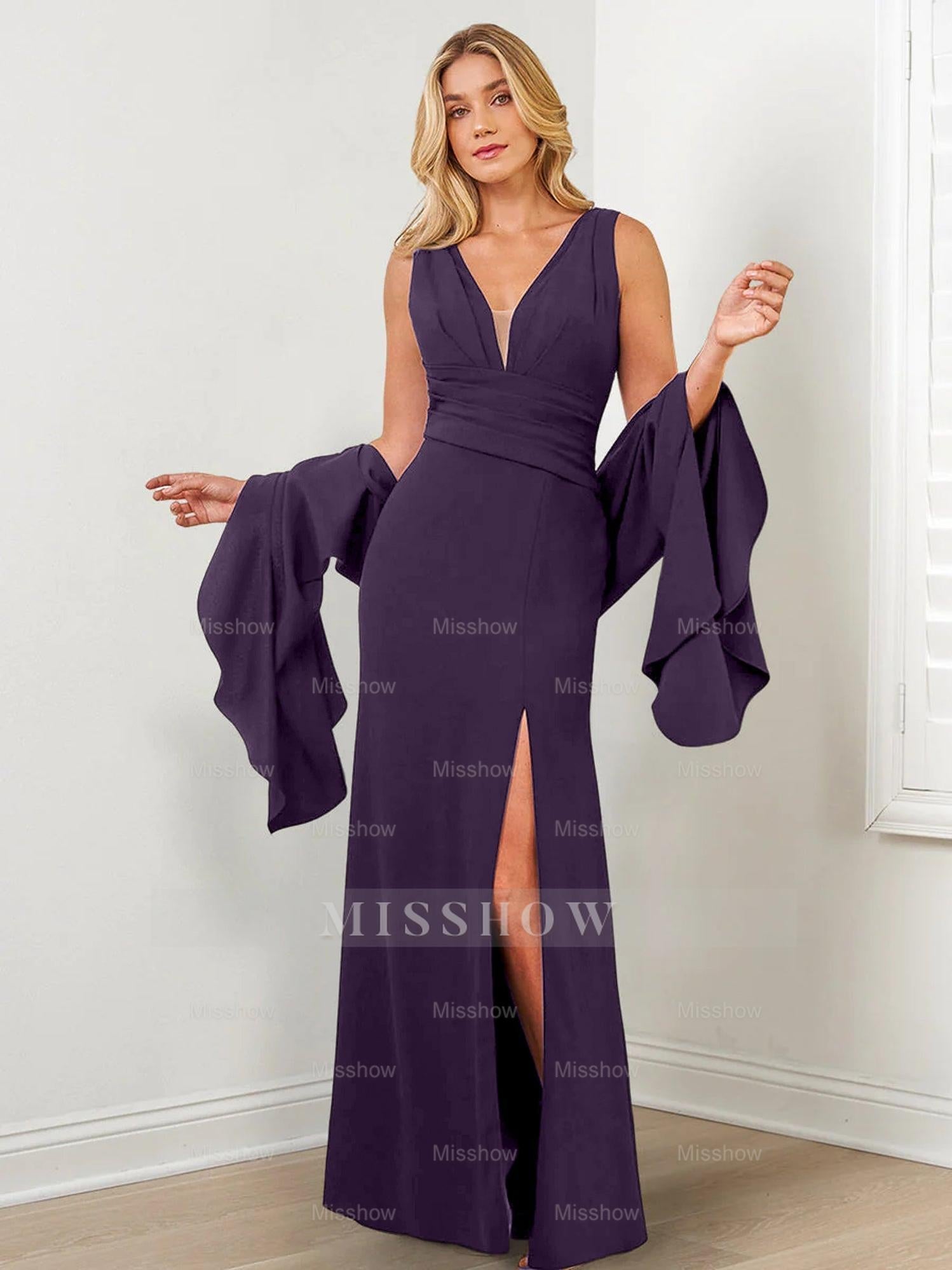 V-Neck Mother of the Bride Column Dresses with Side Split & Wraps