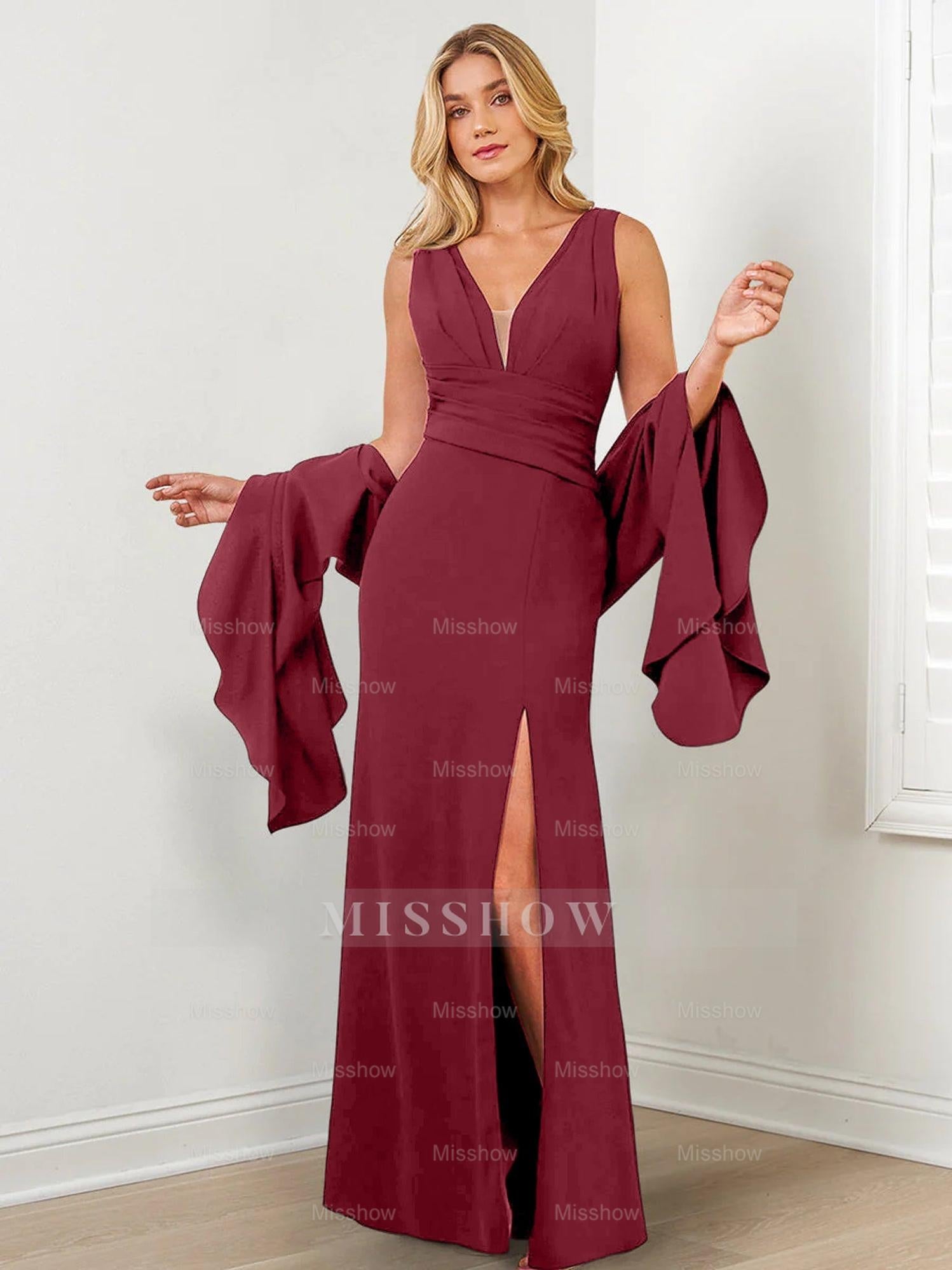 V-Neck Mother of the Bride Column Dresses with Side Split & Wraps
