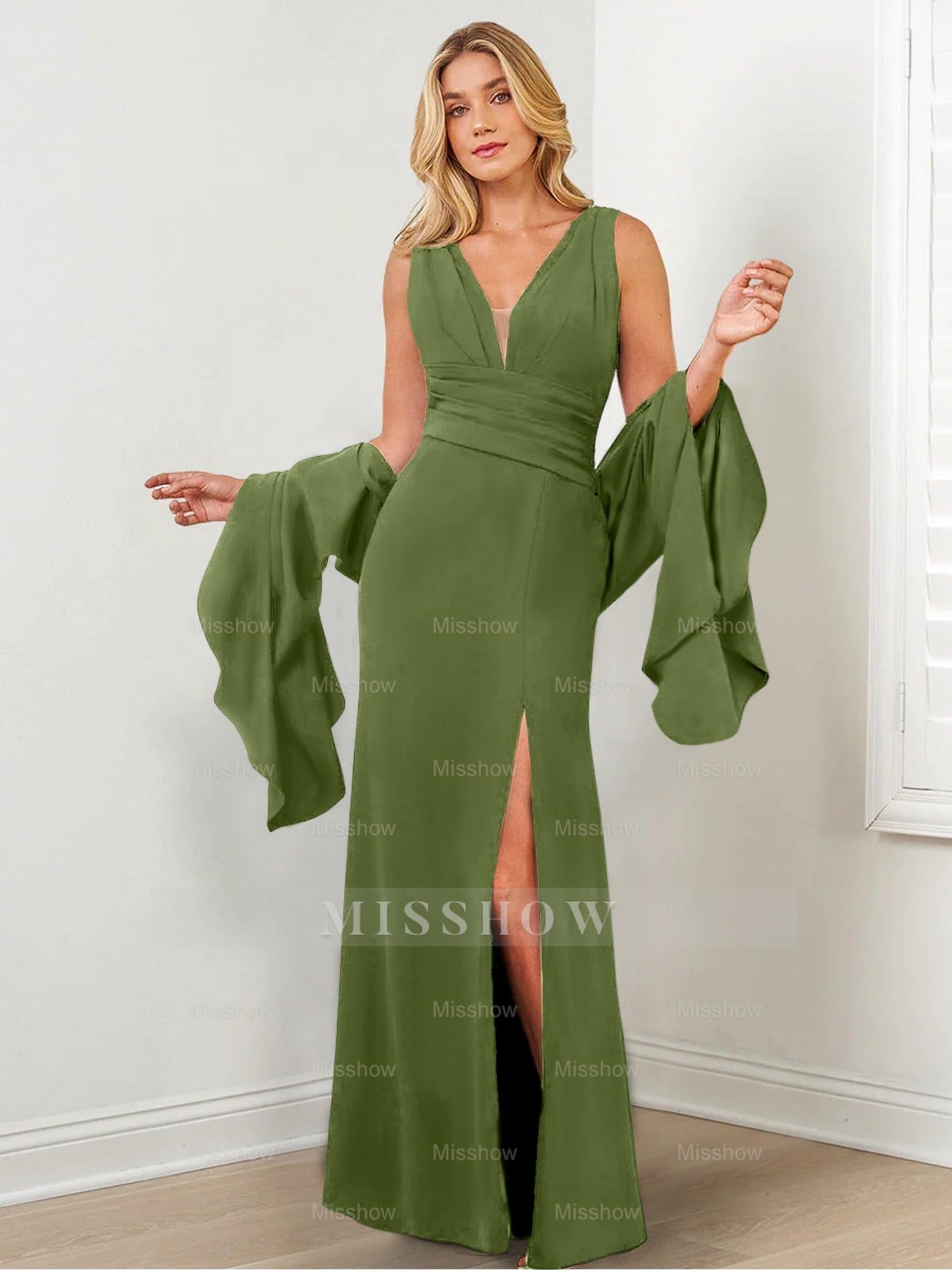 V-Neck Mother of the Bride Column Dresses with Side Split & Wraps