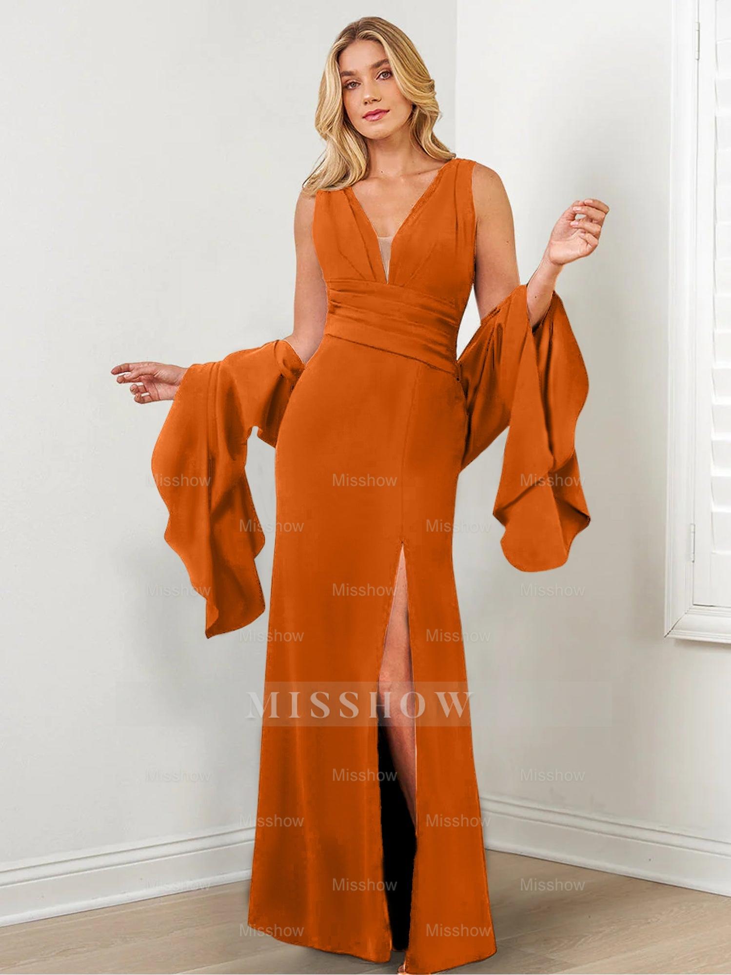 V-Neck Mother of the Bride Column Dresses with Side Split & Wraps