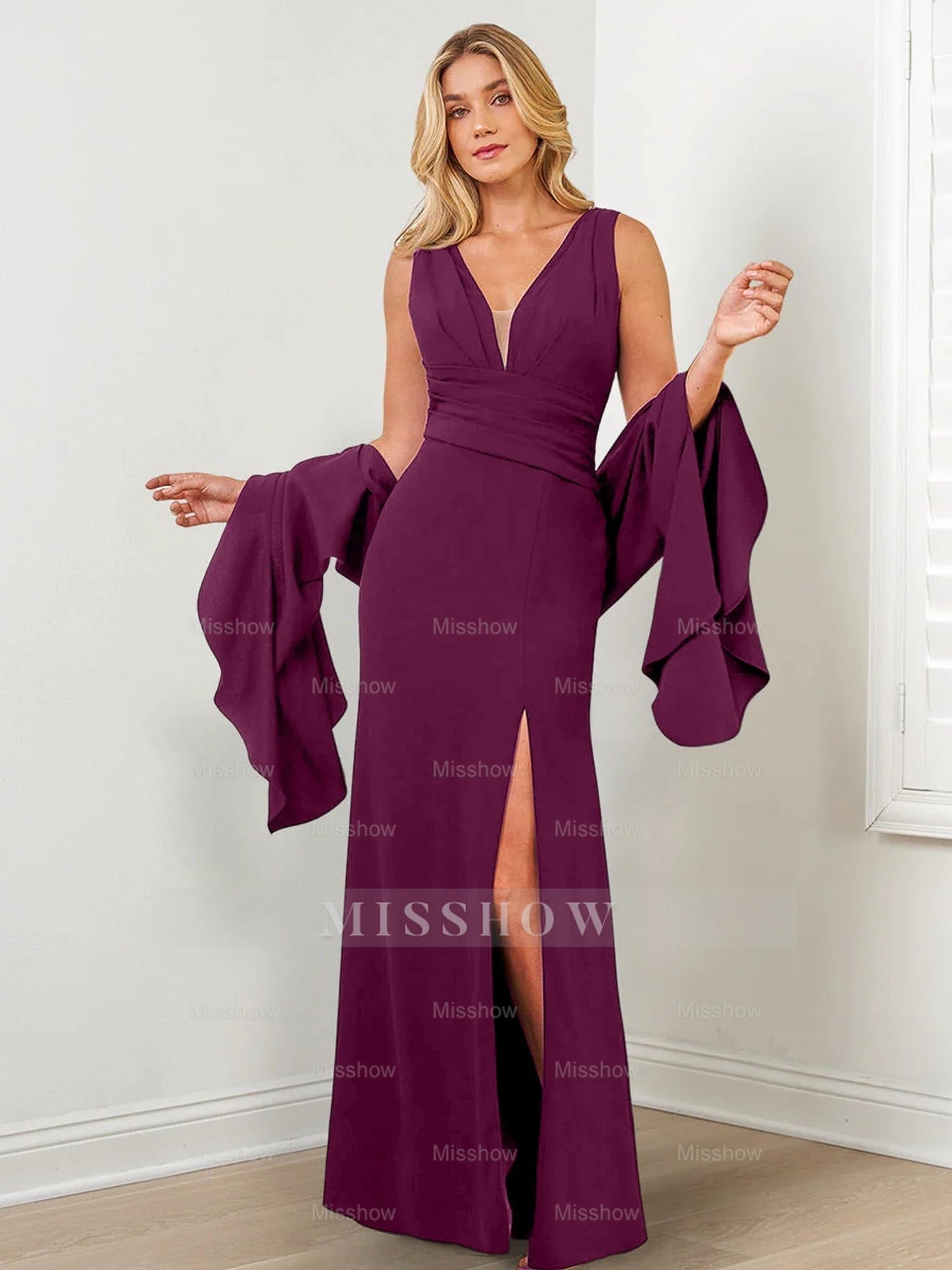 V-Neck Mother of the Bride Column Dresses with Side Split & Wraps
