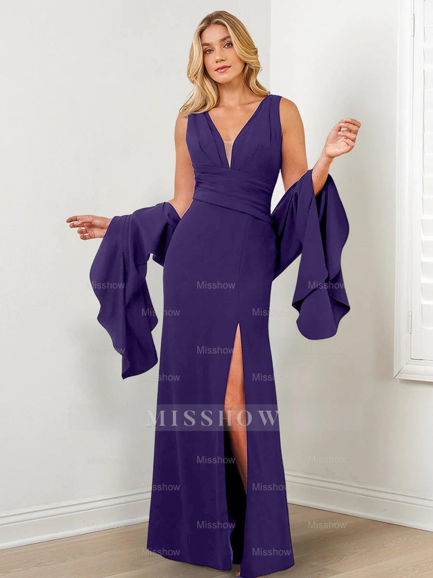 V-Neck Mother of the Bride Column Dresses with Side Split & Wraps