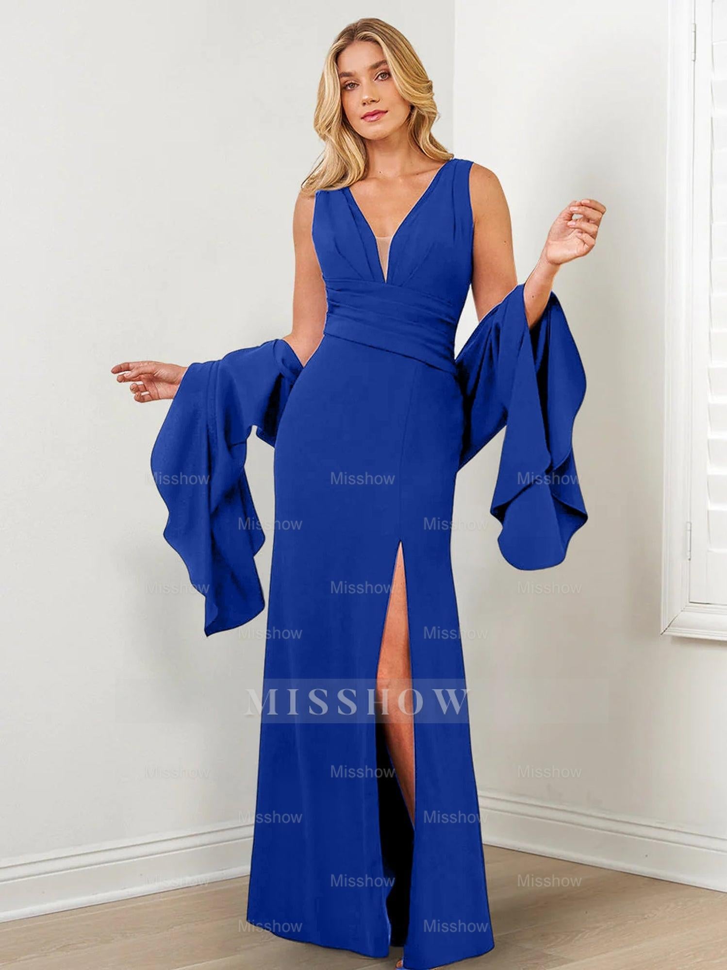 V-Neck Mother of the Bride Column Dresses with Side Split & Wraps