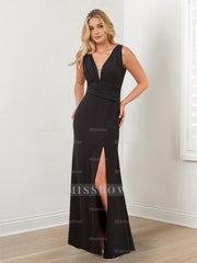 V-Neck Mother of the Bride Column Dresses with Side Split & Wraps