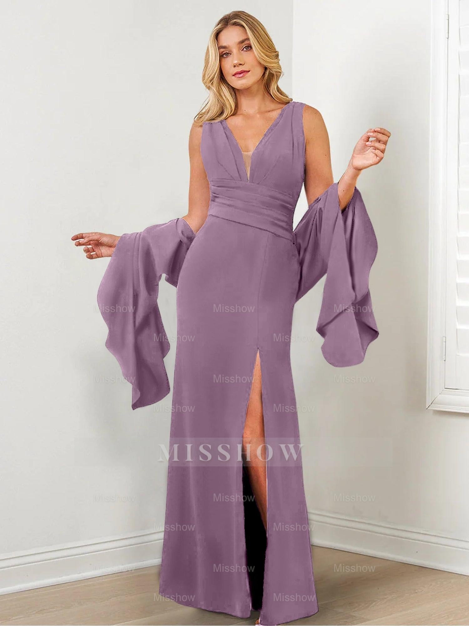 V-Neck Mother of the Bride Column Dresses with Side Split & Wraps