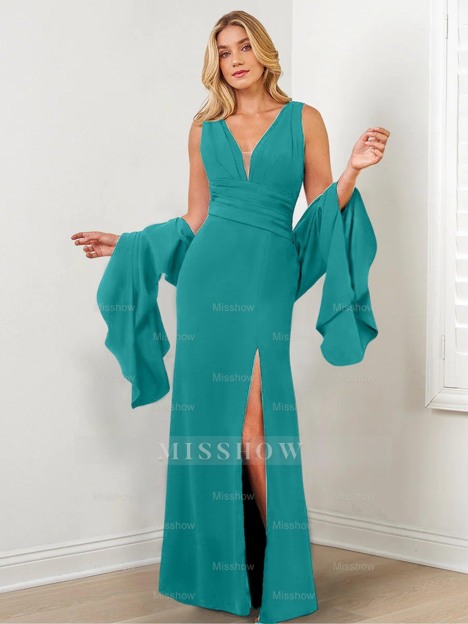 V-Neck Mother of the Bride Column Dresses with Side Split & Wraps