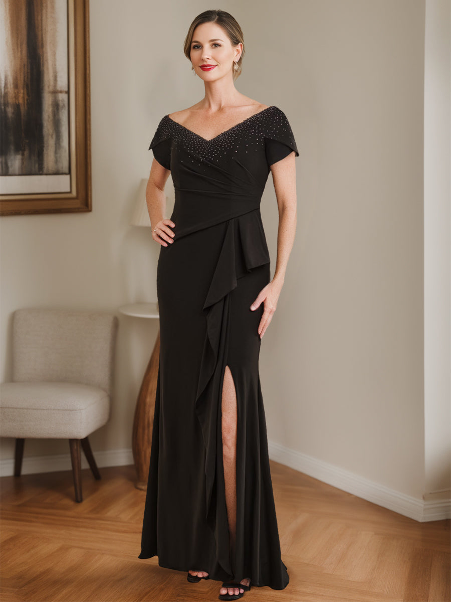 V-Neck Mother of the Bride Sheath/Column Dress with Beading Side Split and Ruffles