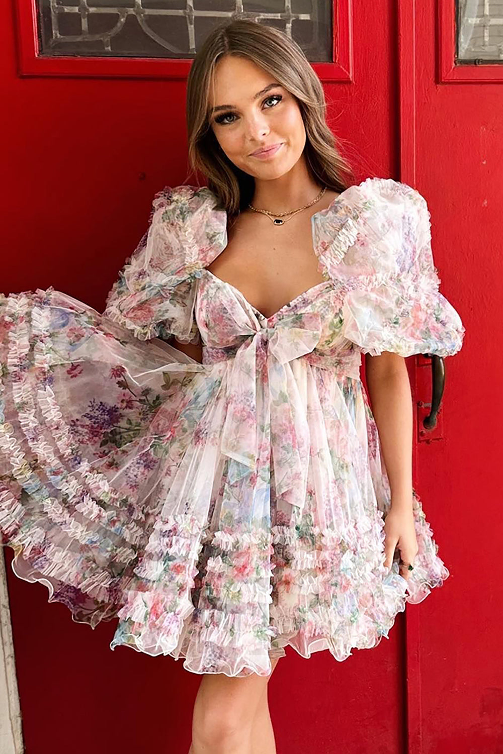 V-Neck Puff Sleeve Front Bow-Tie Eyelash Ruffle Tulle Open Back Multi-Tier Flared A-Line Short Homecoming Dress
