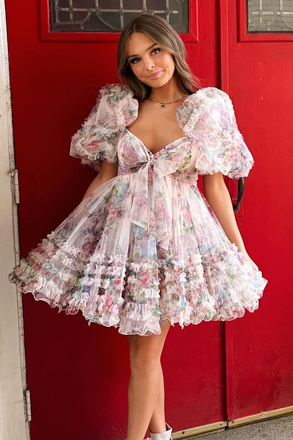 V-Neck Puff Sleeve Front Bow-Tie Eyelash Ruffle Tulle Open Back Multi-Tier Flared A-Line Short Homecoming Dress