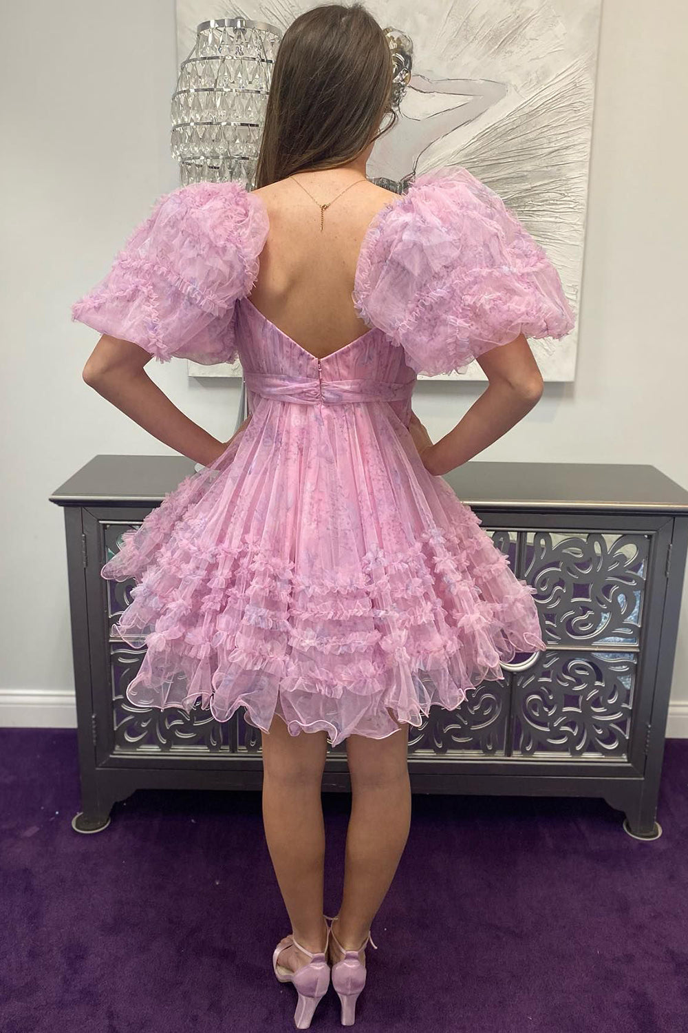 V-Neck Puff Sleeve Front Bow-Tie Eyelash Ruffle Tulle Open Back Multi-Tier Flared A-Line Short Homecoming Dress
