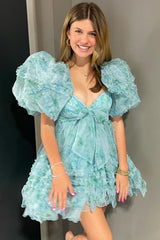 V-Neck Puff Sleeve Front Bow-Tie Eyelash Ruffle Tulle Open Back Multi-Tier Flared A-Line Short Homecoming Dress
