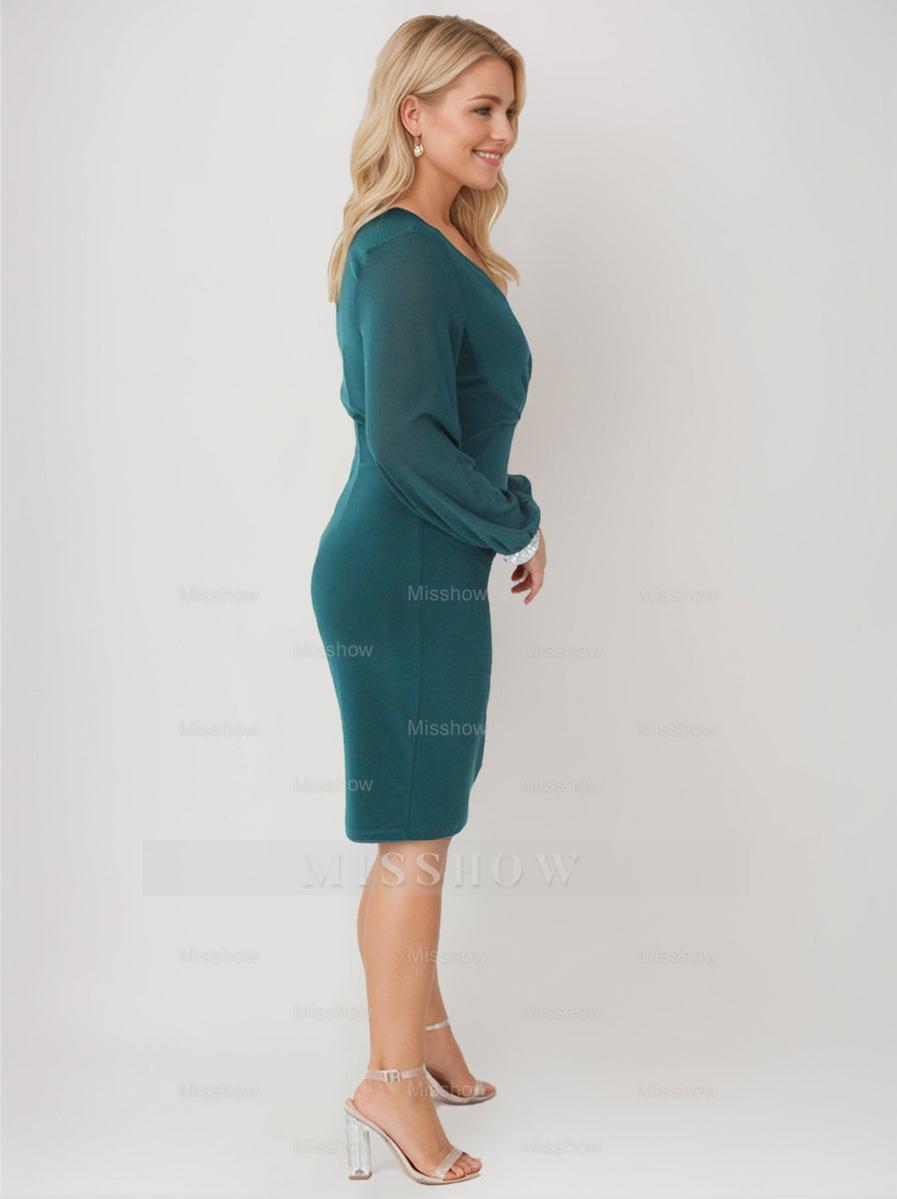 V-Neck Ruched Knee-Length Plus Size Mother of the Bride Sheath Dress with Rhinestone