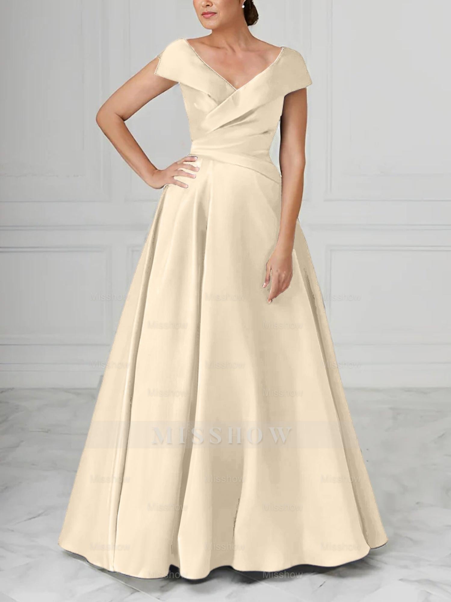 V-Neck Satin A-Line Mother of the Bride Dresses with Ruched Princess Details