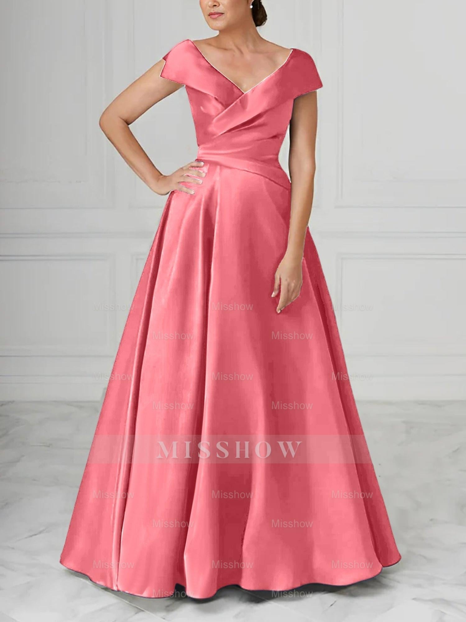 V-Neck Satin A-Line Mother of the Bride Dresses with Ruched Princess Details