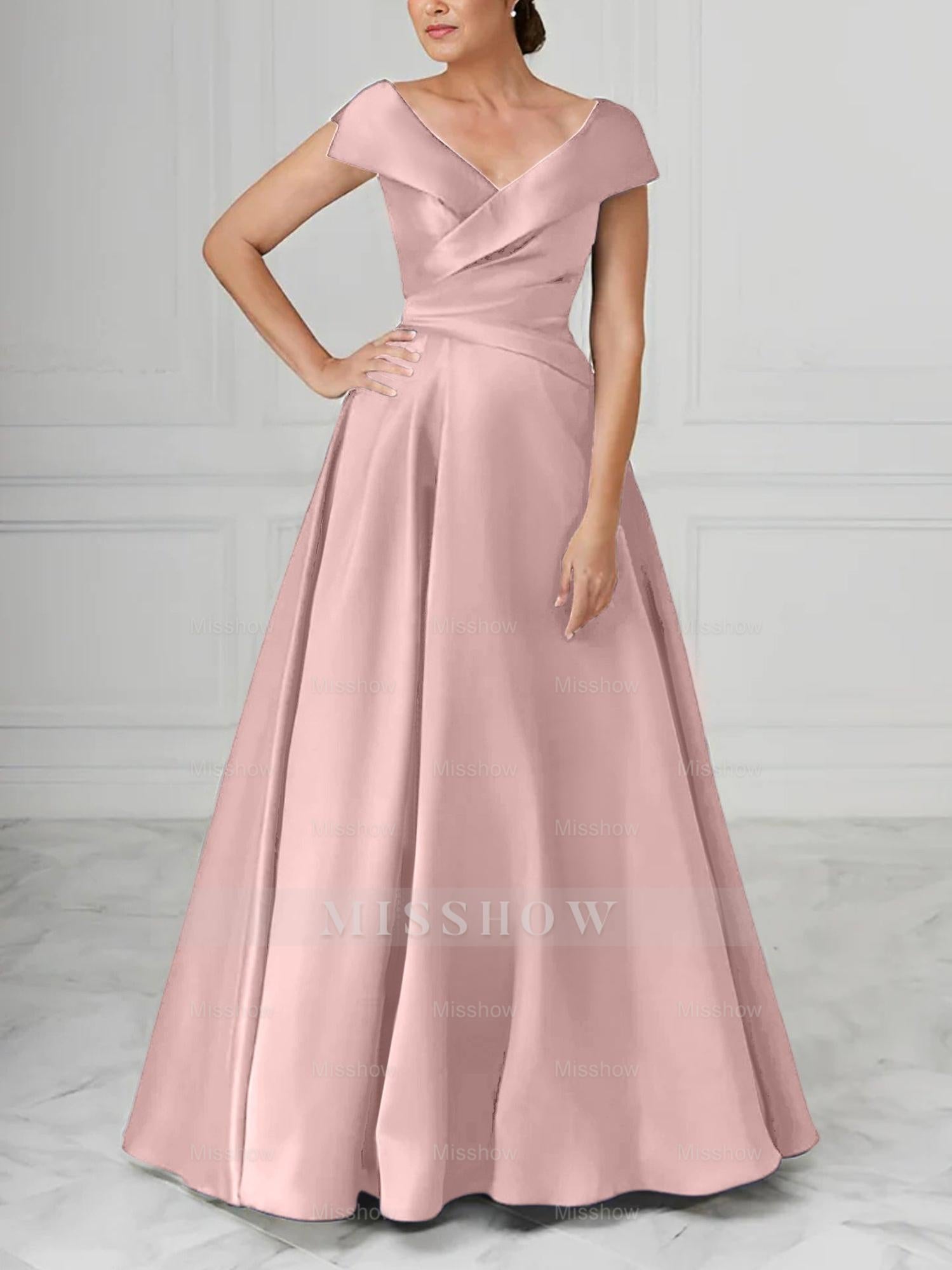 V-Neck Satin A-Line Mother of the Bride Dresses with Ruched Princess Details
