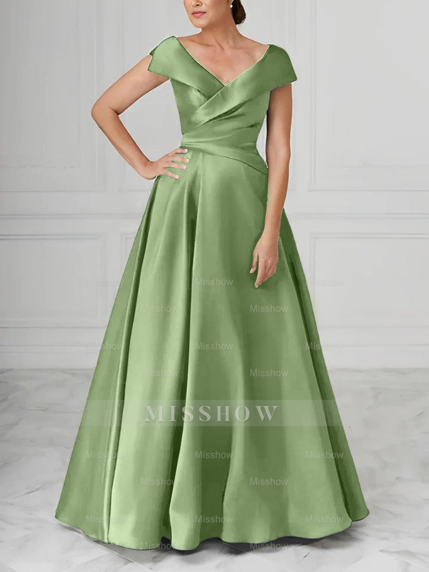V-Neck Satin A-Line Mother of the Bride Dresses with Ruched Princess Details