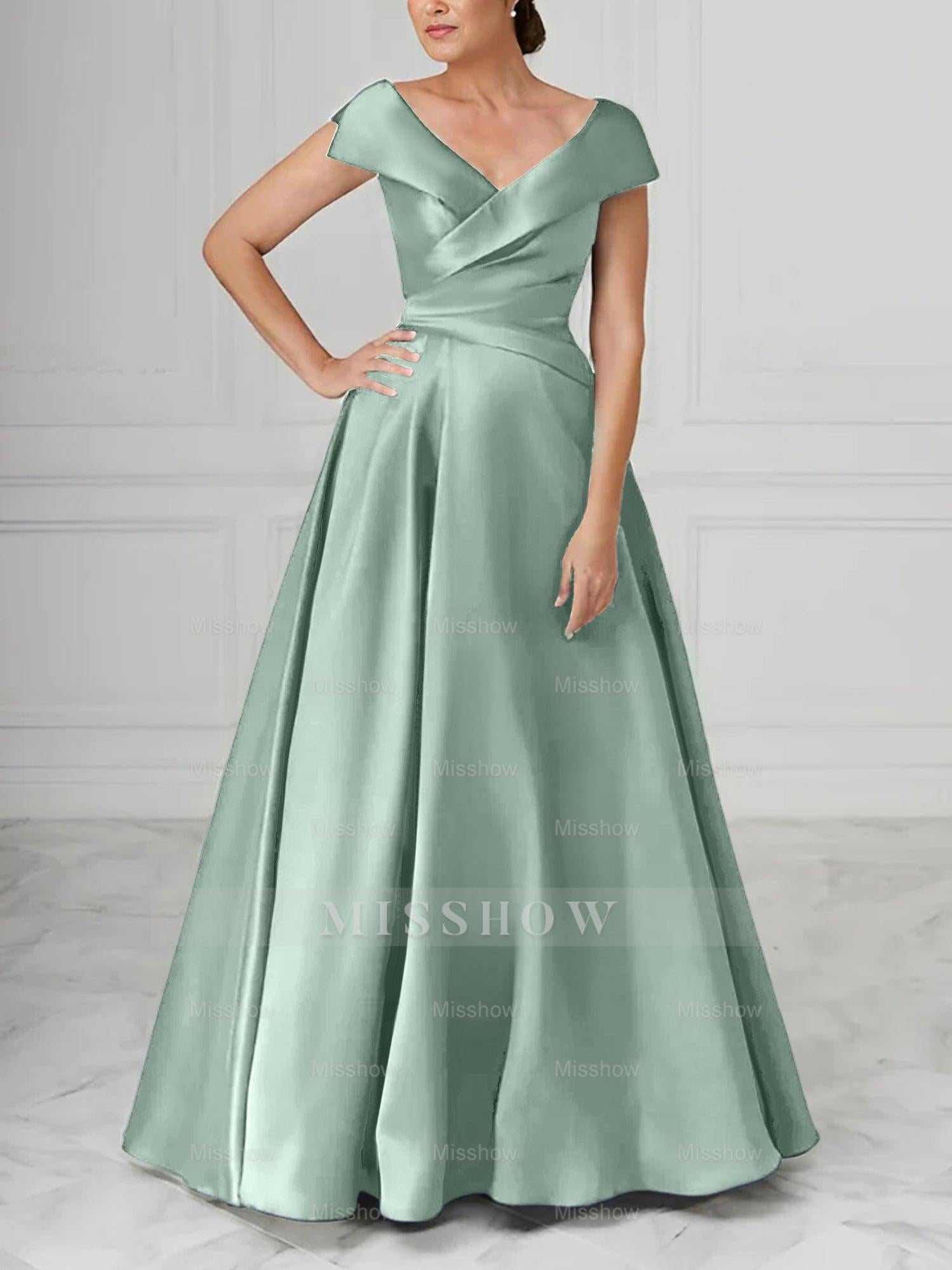 V-Neck Satin A-Line Mother of the Bride Dresses with Ruched Princess Details