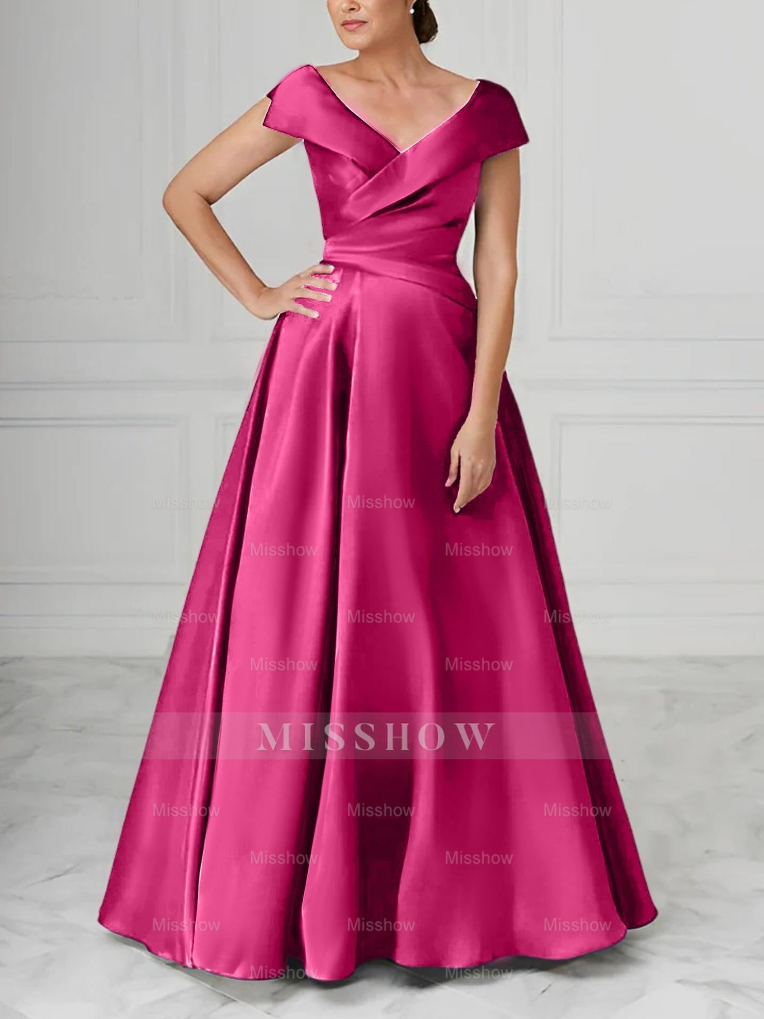 V-Neck Satin A-Line Mother of the Bride Dresses with Ruched Princess Details