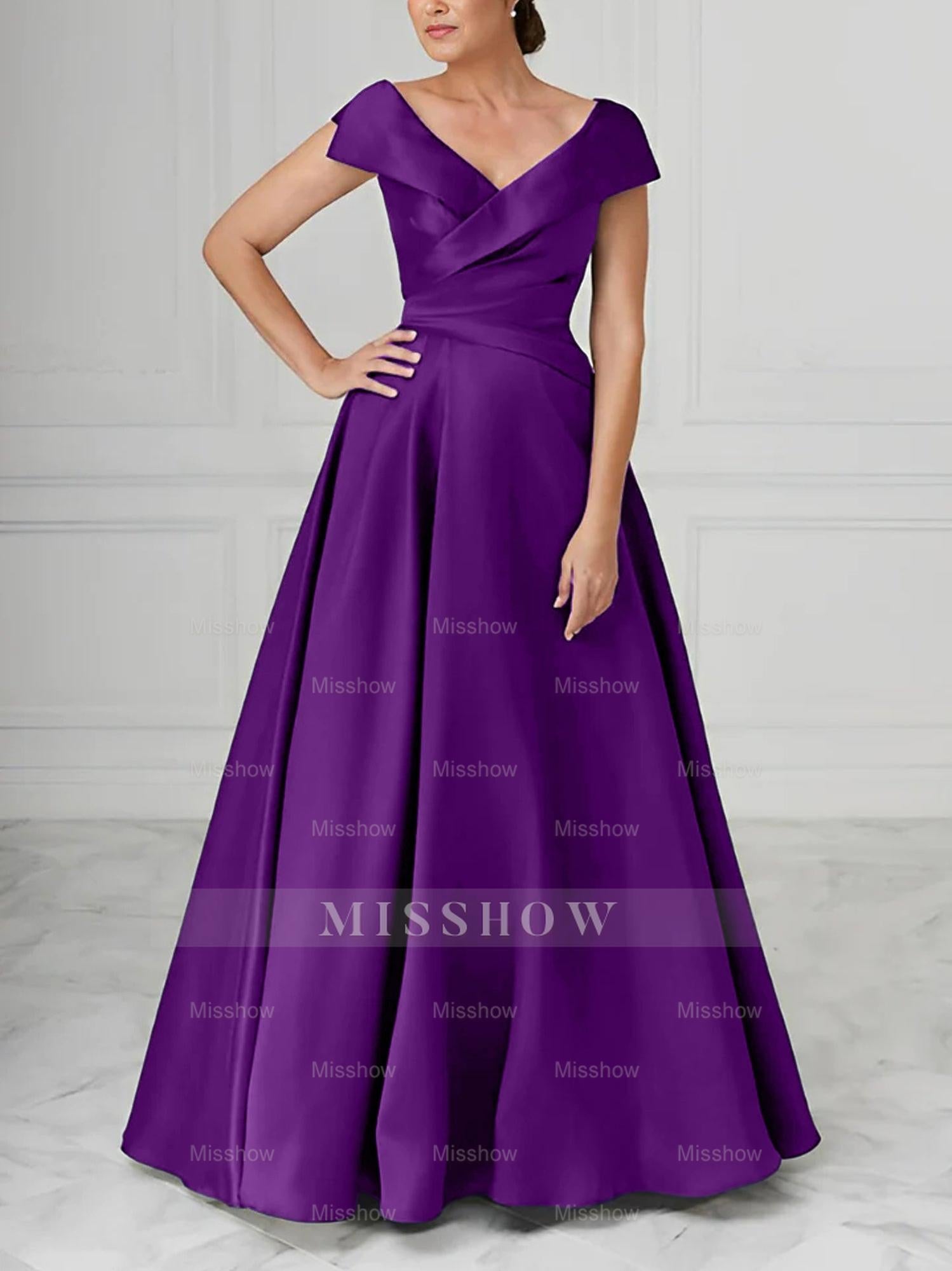V-Neck Satin A-Line Mother of the Bride Dresses with Ruched Princess Details