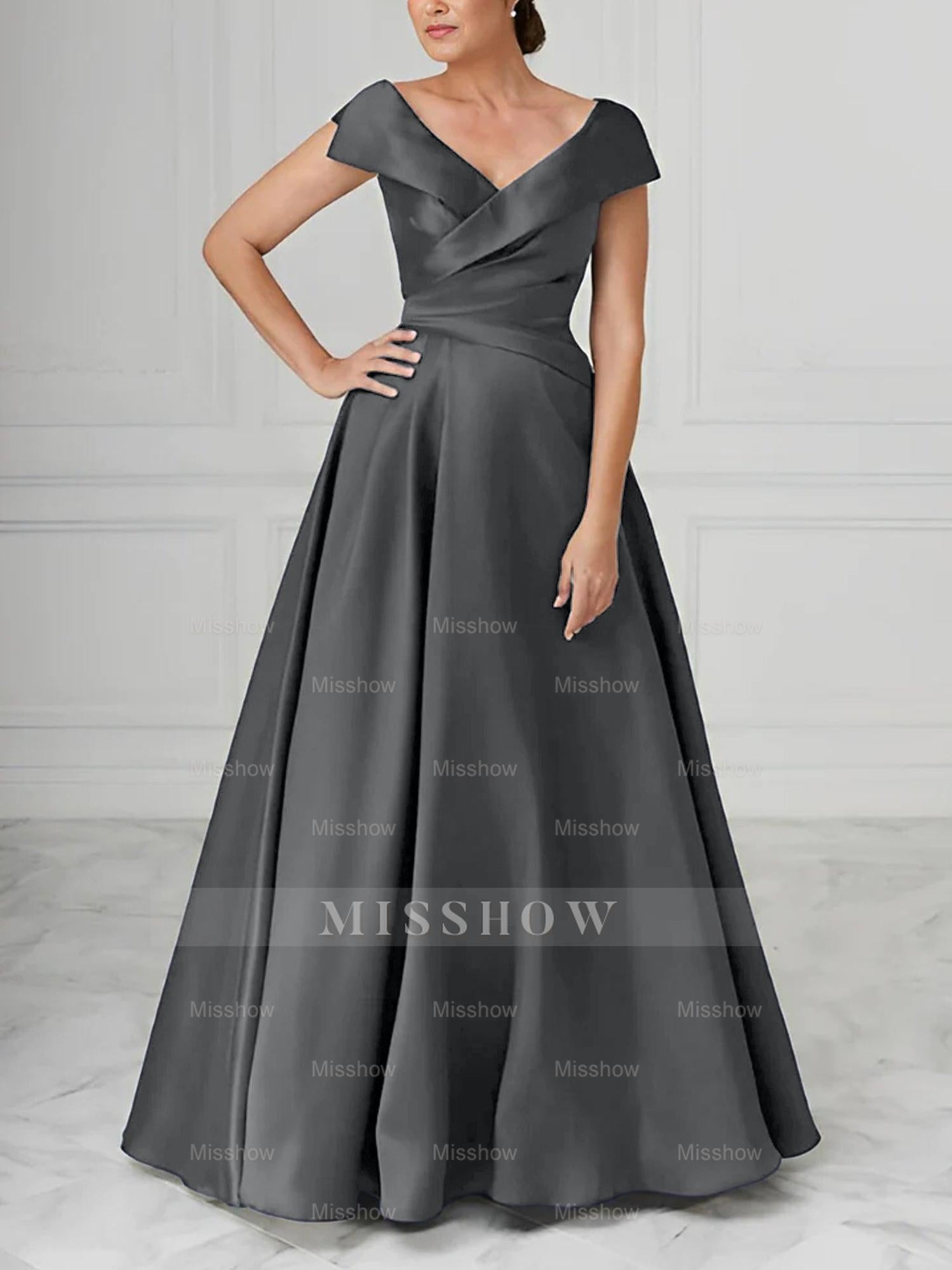 V-Neck Satin A-Line Mother of the Bride Dresses with Ruched Princess Details