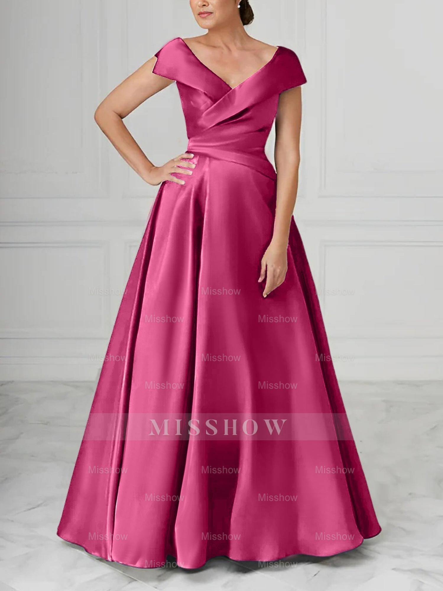 V-Neck Satin A-Line Mother of the Bride Dresses with Ruched Princess Details