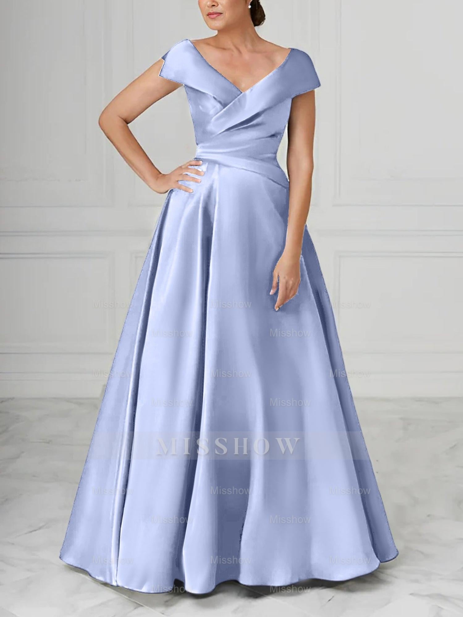 V-Neck Satin A-Line Mother of the Bride Dresses with Ruched Princess Details