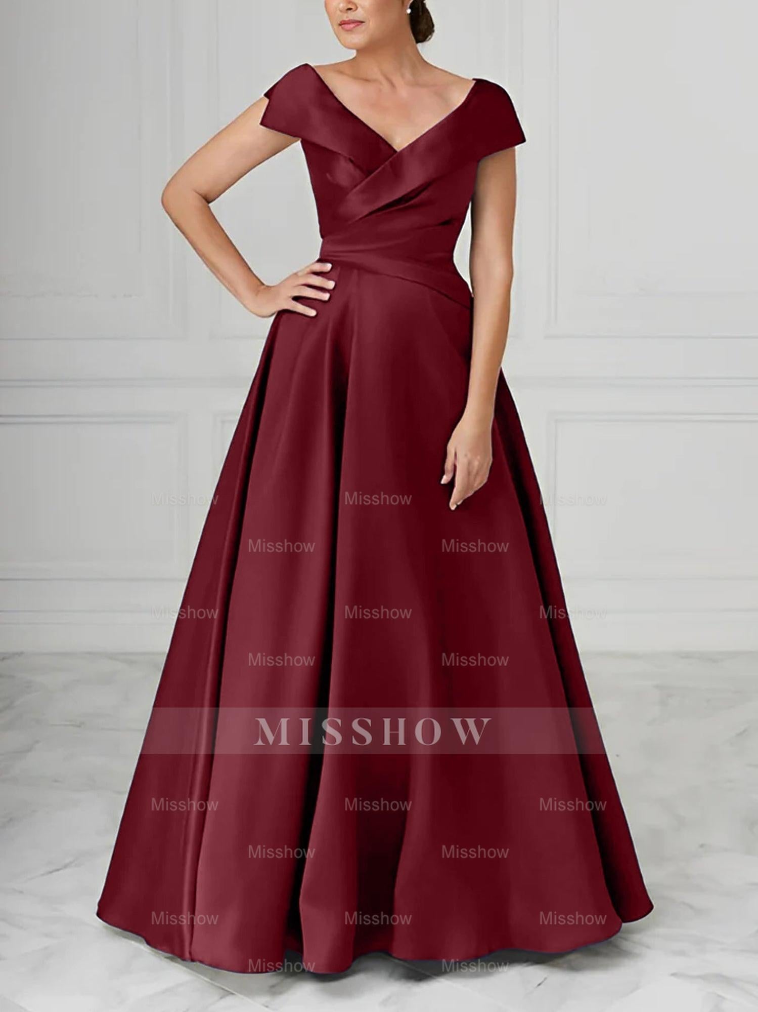 V-Neck Satin A-Line Mother of the Bride Dresses with Ruched Princess Details