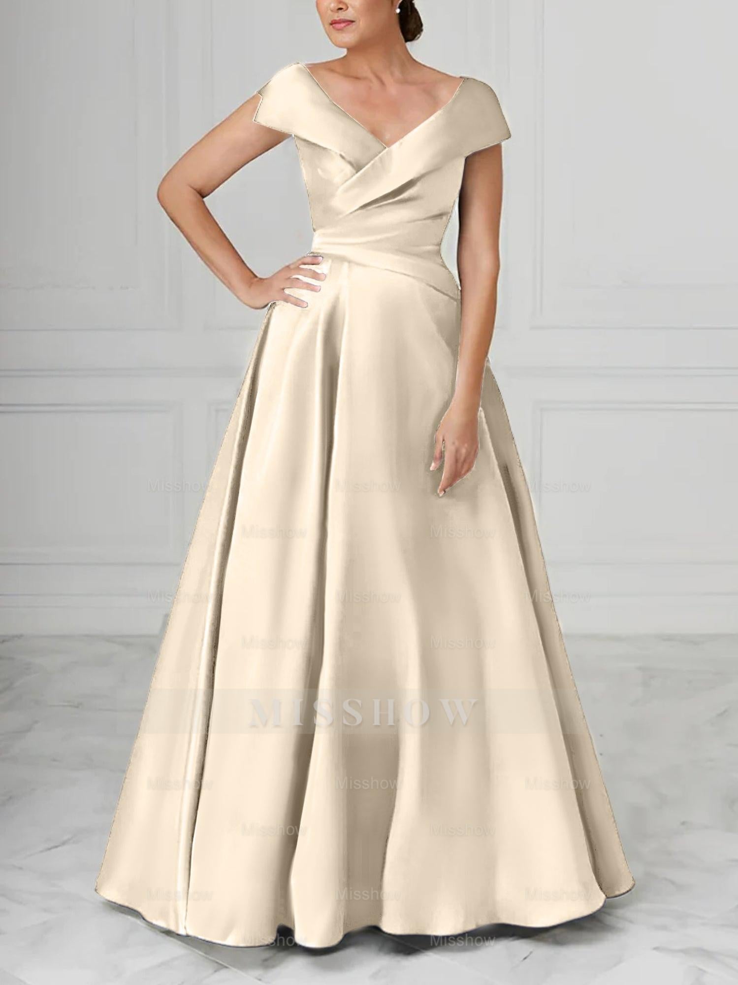 V-Neck Satin A-Line Mother of the Bride Dresses with Ruched Princess Details