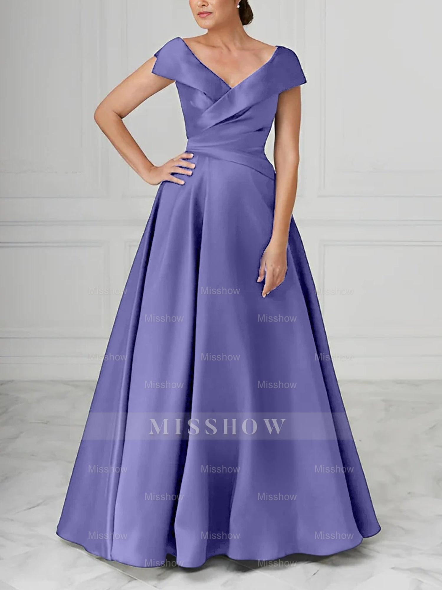 V-Neck Satin A-Line Mother of the Bride Dresses with Ruched Princess Details